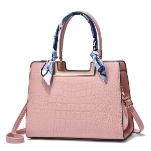 Elite Croco Embossed Handbag with Scarf Wrap Handle - Pink