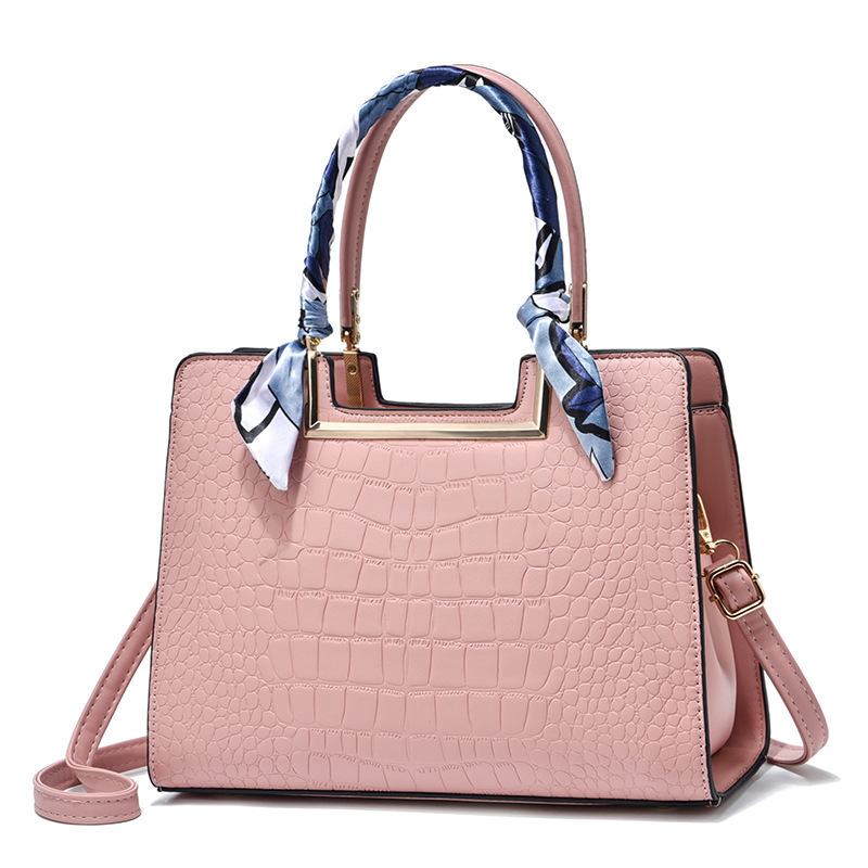 Elite Croco Embossed Handbag with Scarf Wrap Handle - Pink