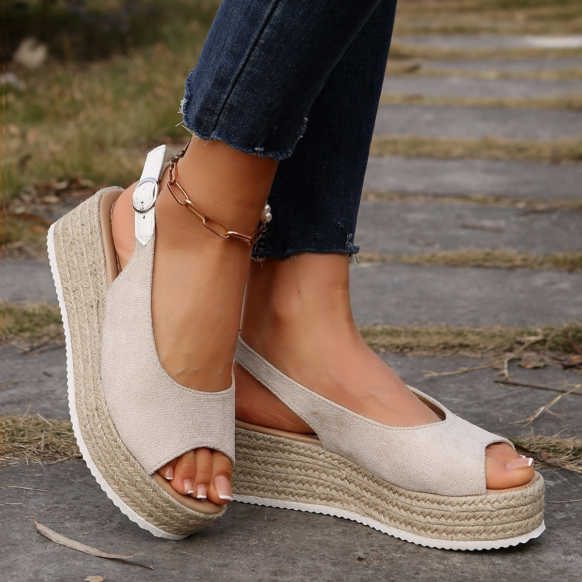 Black Suede Peep-Toe Espadrille Wedge Sandals - White, 43