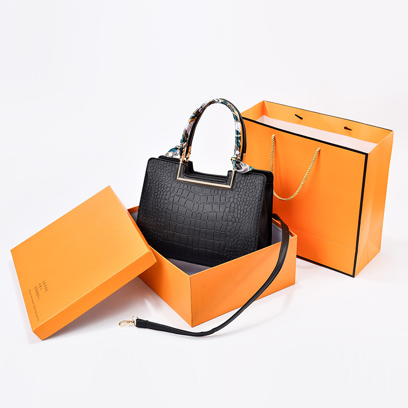 Elite Croco Embossed Handbag with Scarf Wrap Handle - Image 5