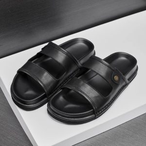 Men's Leather Slide Sandals – Black Summer Slides - Black, 44