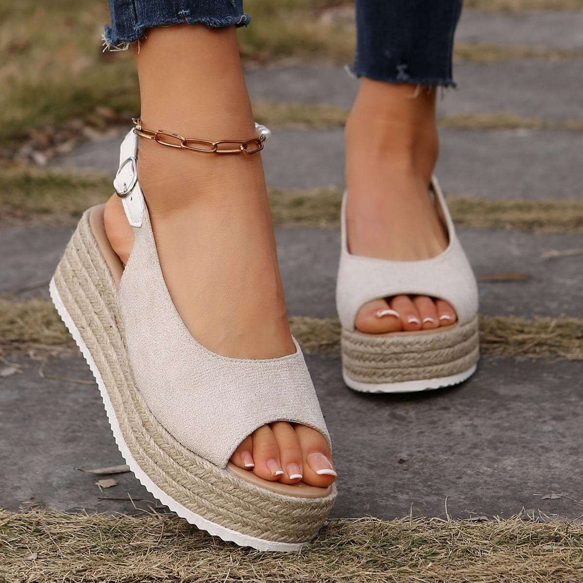 Black Suede Peep-Toe Espadrille Wedge Sandals - Image 6