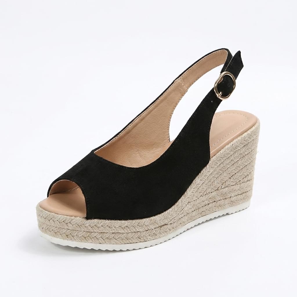 Black Suede Peep-Toe Espadrille Wedge Sandals